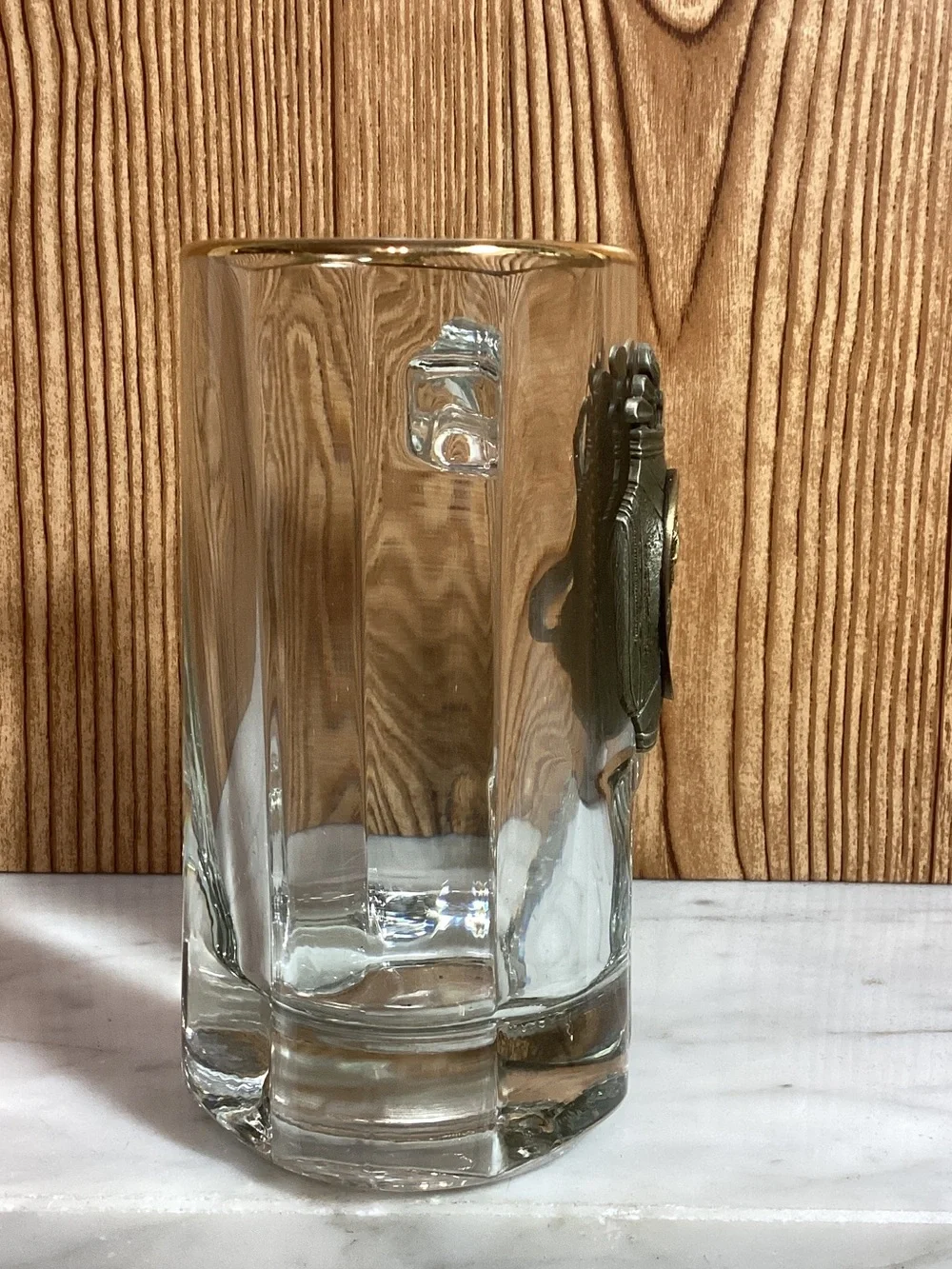 Clear Glass Golf-Themed Beer Stein with Gold Trim